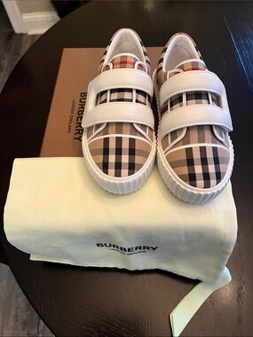 Burberry Beige Check Kids Velcro Sneakers with White Trim
